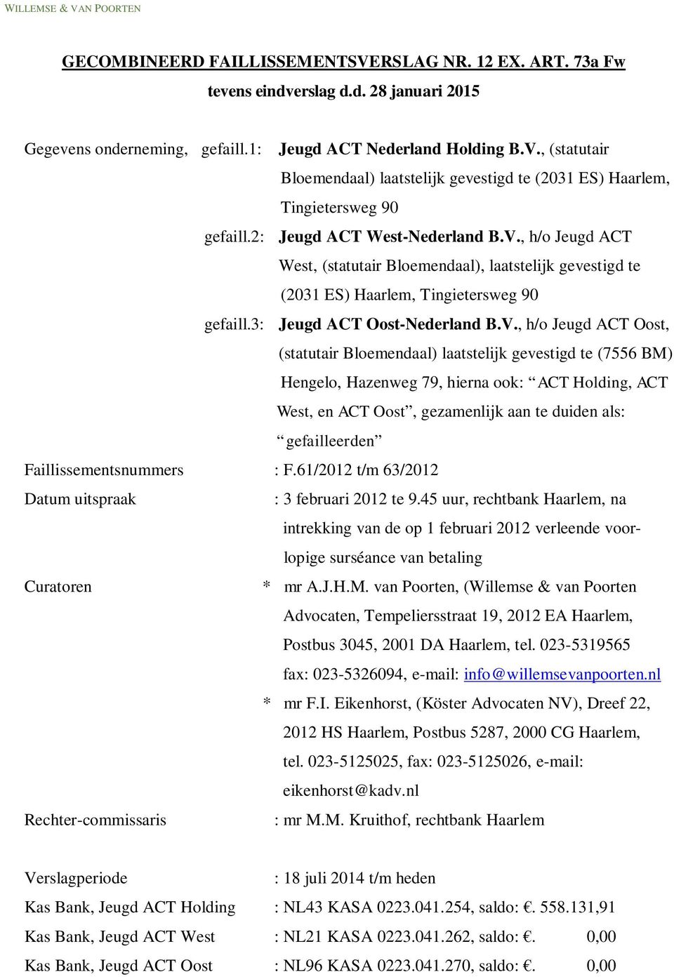 , h/o Jeugd ACT West, (statutair Bloemendaal), laatstelijk gevestigd te (2031 ES) Haarlem, Tingietersweg 90 gefaill.3: Jeugd ACT Oost-Nederland B.V.