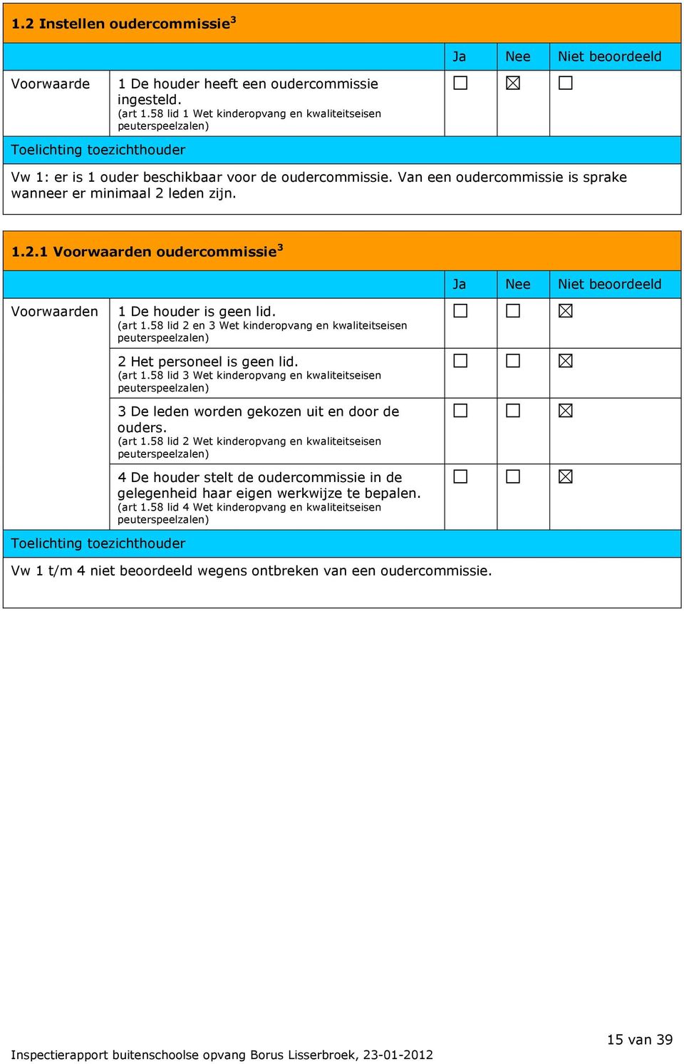 leden zijn. 1.2.1 oudercommissie 3 1 De houder is geen lid. (art 1.58 lid 2 en 3 Wet kinderopvang en kwaliteitseisen 2 Het personeel is geen lid. (art 1.58 lid 3 Wet kinderopvang en kwaliteitseisen 3 De leden worden gekozen uit en door de ouders.