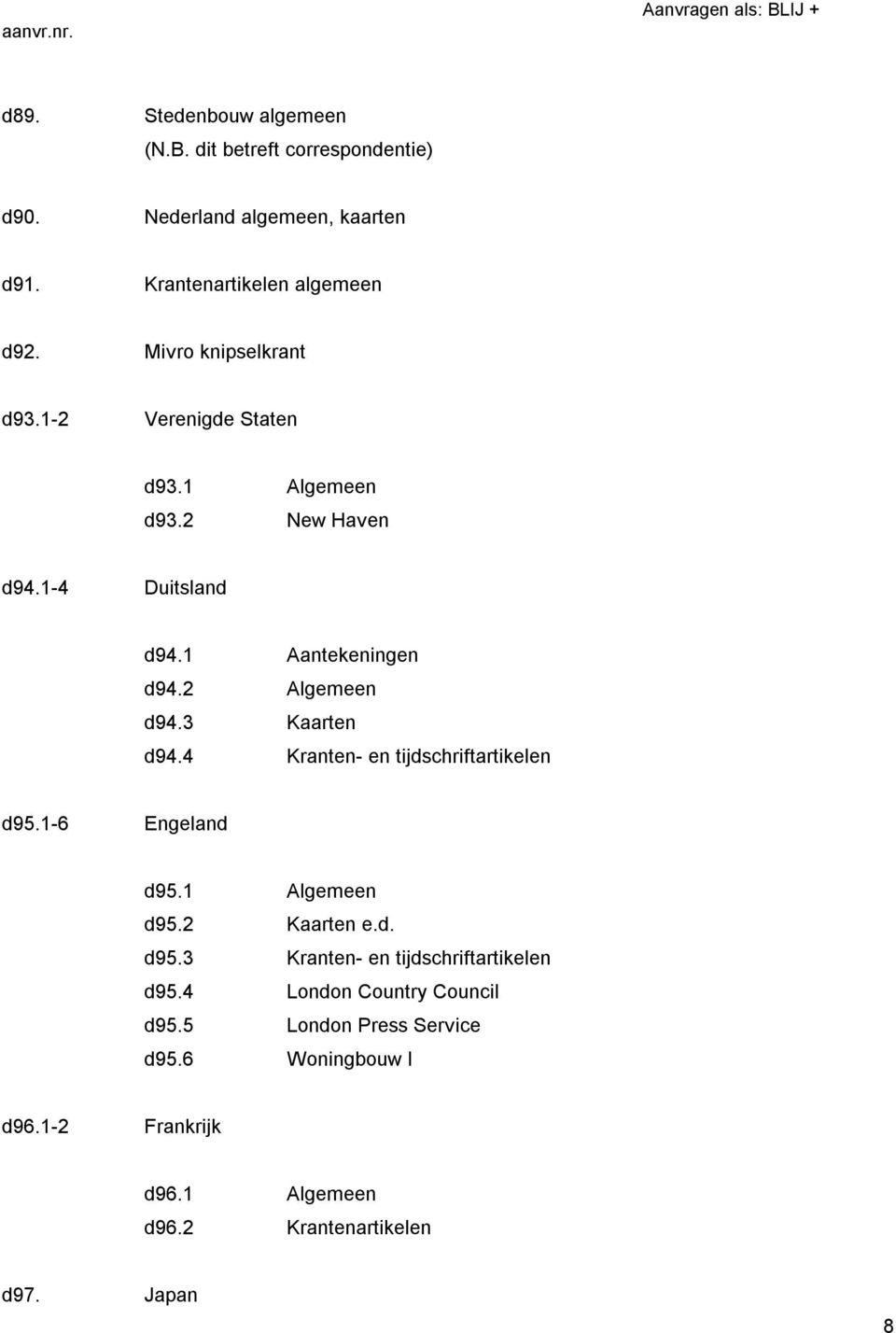 3 Kaarten d94.4 Kranten- en tijdschriftartikelen d95.1-6 Engeland d95.1 Algemeen d95.2 Kaarten e.d. d95.3 Kranten- en tijdschriftartikelen d95.