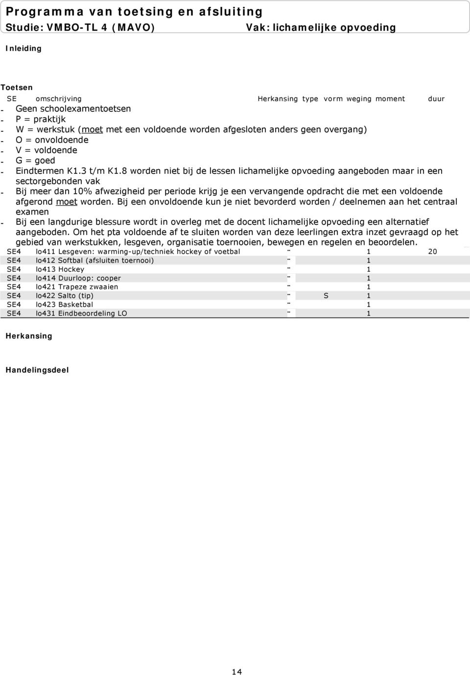 8 worden niet bij de lessen lichamelijke opvoeding aangeboden maar in een sectorgebonden vak - Bij meer dan 10% afwezigheid per periode krijg je een vervangende opdracht die met een voldoende