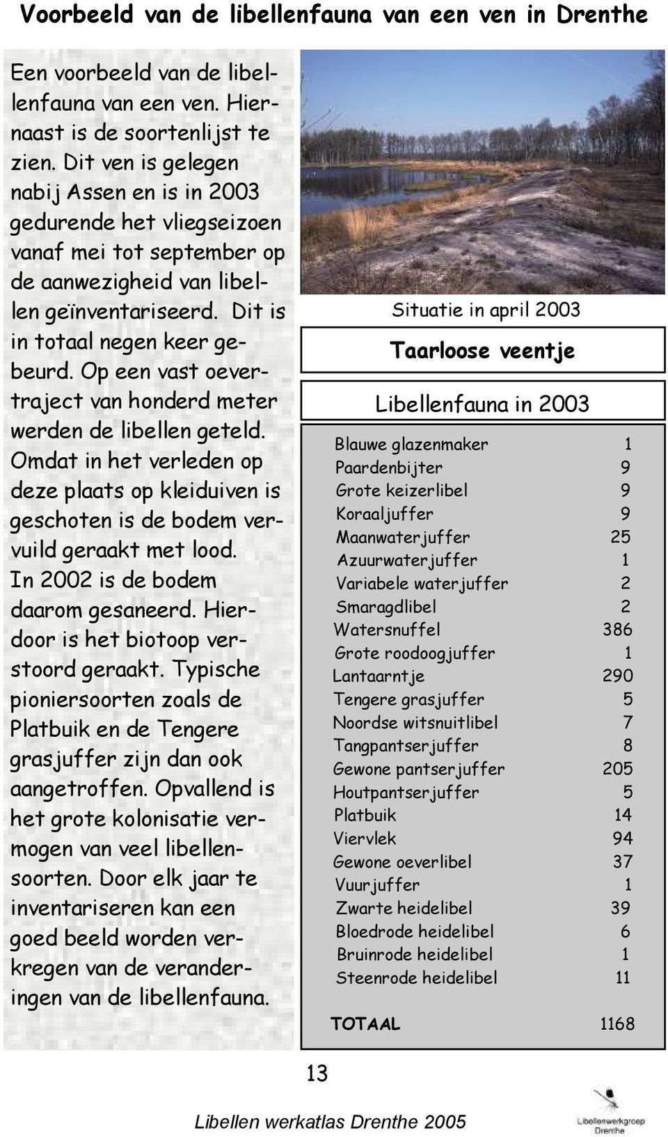 Op een vast oevertraject van honderd meter werden de libellen geteld. Omdat in het verleden op deze plaats op kleiduiven is geschoten is de bodem vervuild geraakt met lood.