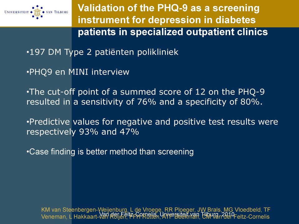 Predictive values for negative and positive test results were respectively 93% and 47% Case finding is better method than screening KM van