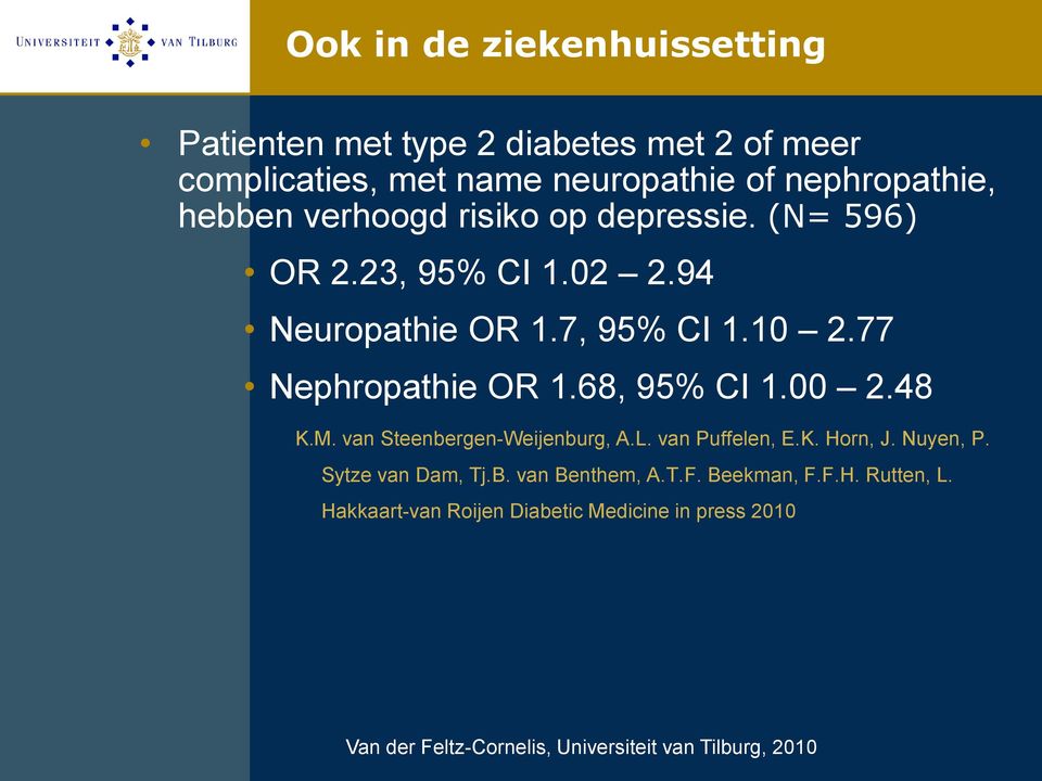 10 2.77 Nephropathie OR 1.68, 95% CI 1.00 2.48 K.M. van Steenbergen-Weijenburg, A.L. van Puffelen, E.K. Horn, J.