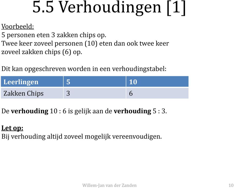 Dit kan opgeschreven worden in een verhoudingstabel: Leerlingen 5 10 Zakken Chips 3 6 De