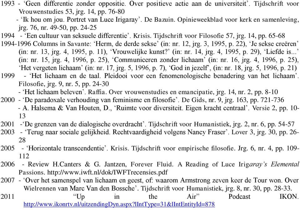 65-68 1994-1996 Columns in Savante: Herm, de derde sekse (in: nr. 12, jrg. 3, 1995, p. 22), Je sekse creëren (in: nr. 13, jrg. 4, 1995, p. 11), Vrouwelijke kunst? (in: nr. 14, jrg. 4, 1995, p. 29), Liefde is.