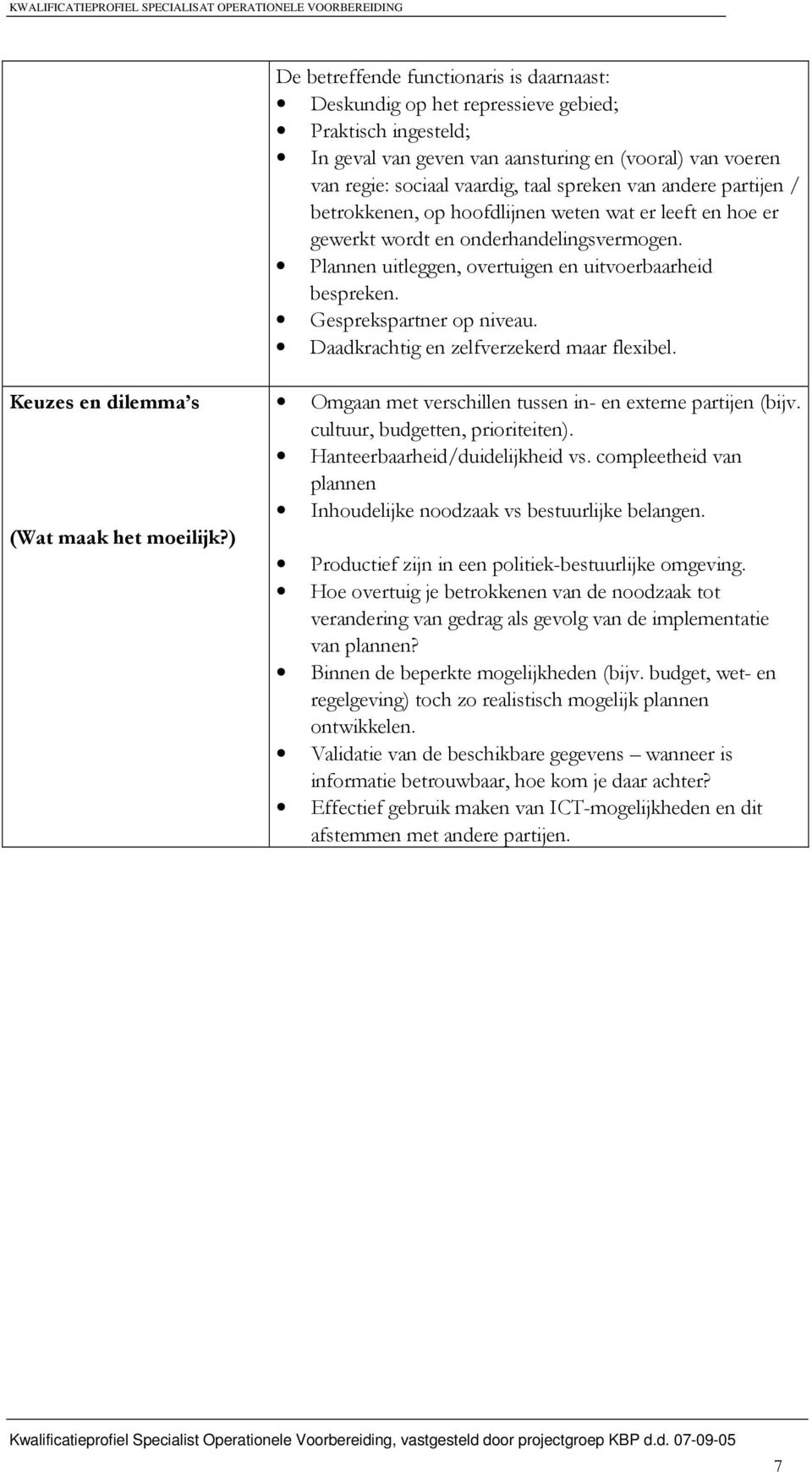 Gesprekspartner op niveau. Daadkrachtig en zelfverzekerd maar flexibel. Keuzes en dilemma s (Wat maak het moeilijk?) Omgaan met verschillen tussen in- en externe partijen (bijv.