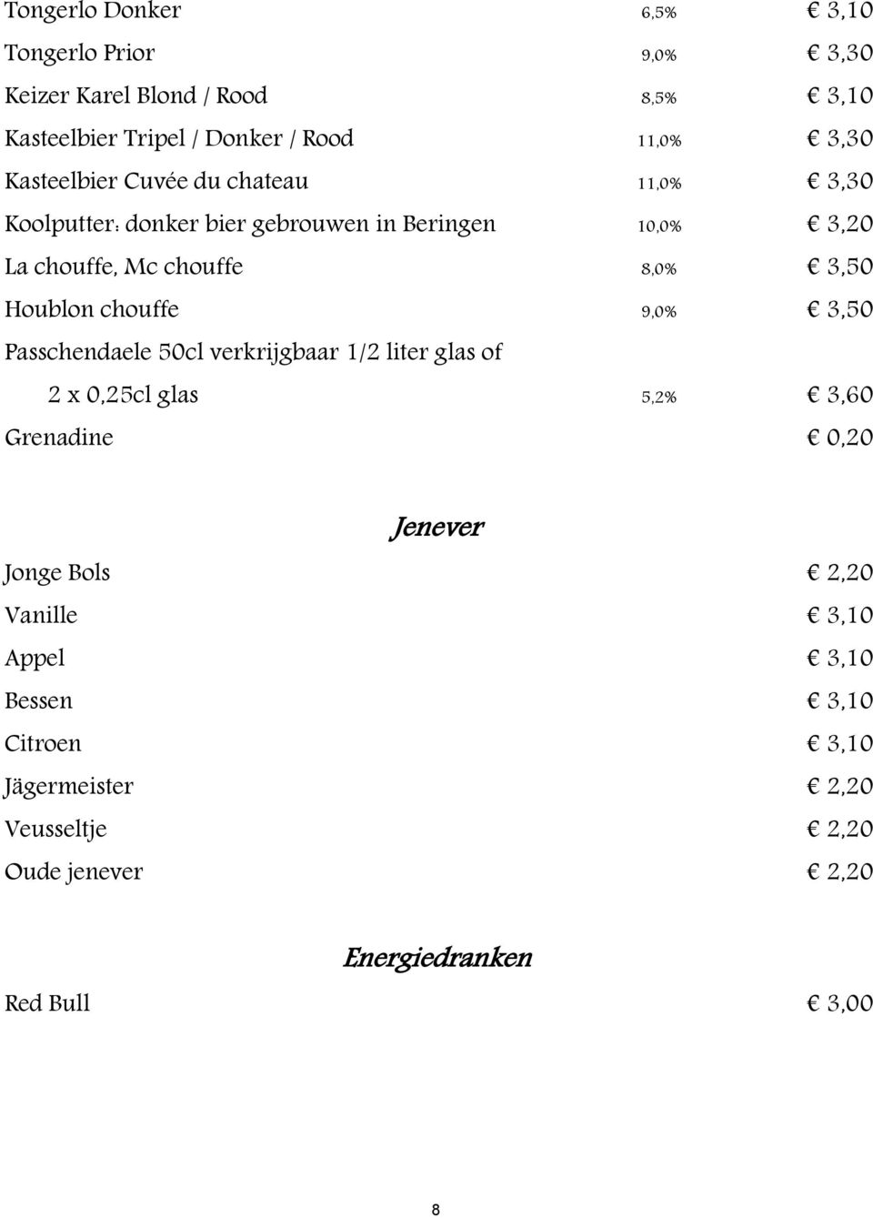 Houblon chouffe 9,0% 3,50 Passchendaele 50cl verkrijgbaar 1/2 liter glas of 2 x 0,25cl glas 5,2% 3,60 Grenadine 0,20 Jenever Jonge