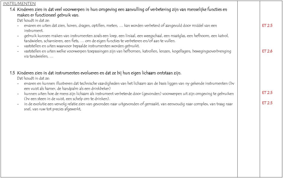 - gebruik kunnen maken van instrumenten zoals een loep, een liniaal, een weegschaal, een maatglas, een hefboom, een katrol, tandwielen, scharnieren, een fiets, om de eigen functies te verbeteren