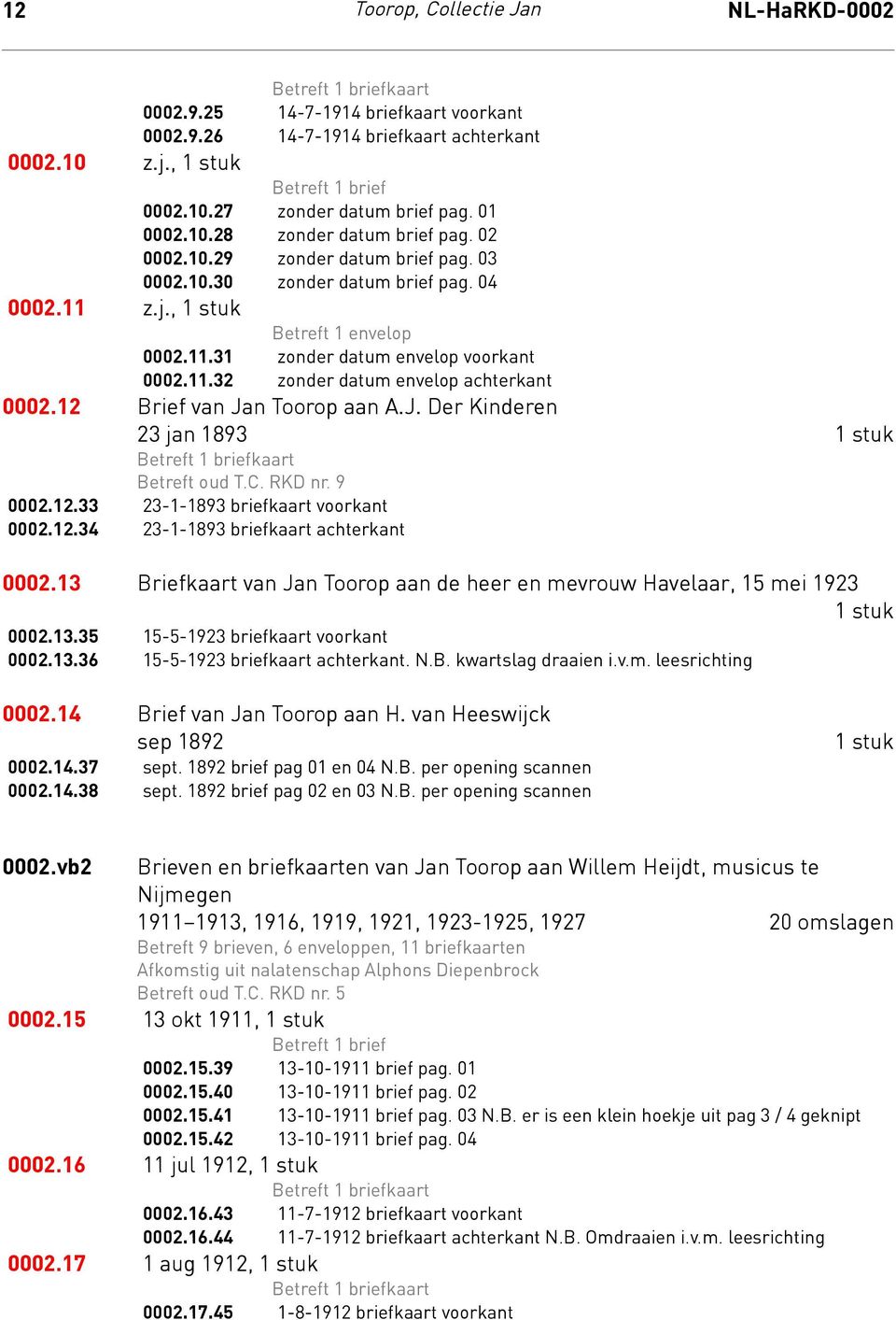 11.32 zonder datum envelop achterkant 0002.12 Brief van Jan Toorop aan A.J. Der Kinderen 23 jan 1893 1 stuk Betreft 1 briefkaart Betreft oud T.C. RKD nr. 9 0002.12.33 23-1-1893 briefkaart voorkant 0002.