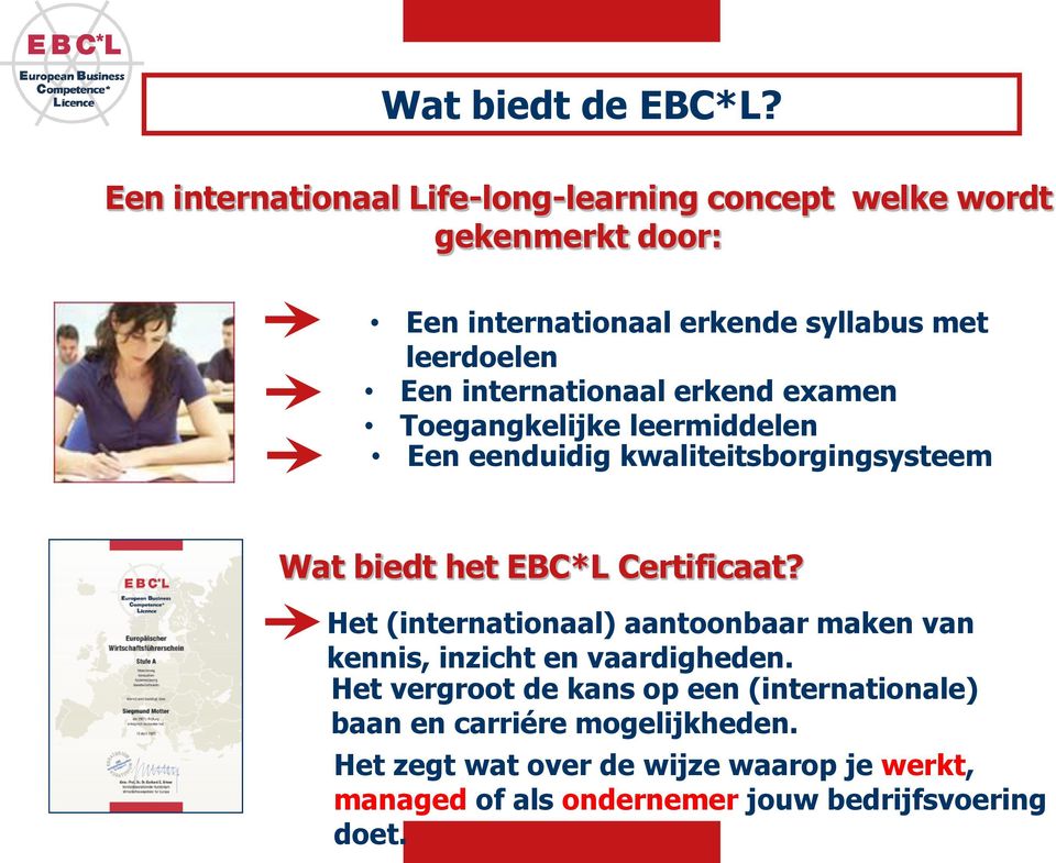 internationaal erkend examen Toegangkelijke leermiddelen Een eenduidig kwaliteitsborgingsysteem Wat biedt het EBC*L Certificaat?