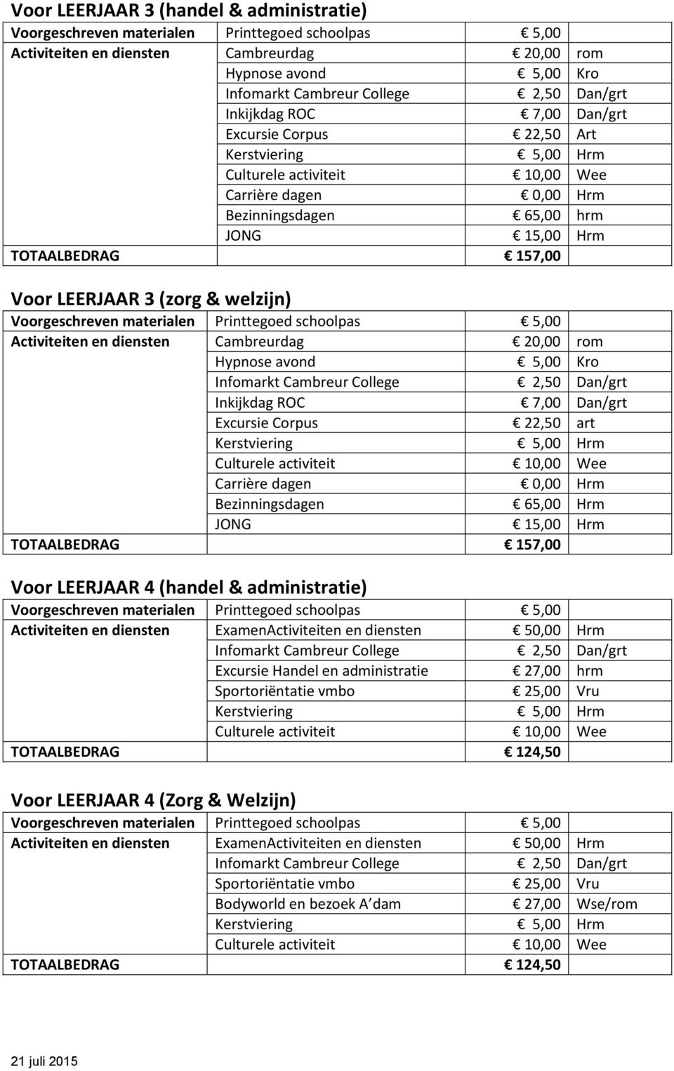 Carrière dagen 0,00 Hrm Bezinningsdagen 65,00 Hrm JONG 15,00 Hrm TOTAALBEDRAG 157,00 Voor LEERJAAR 4 (handel & administratie) Activiteiten en diensten ExamenActiviteiten en diensten 50,00 Hrm