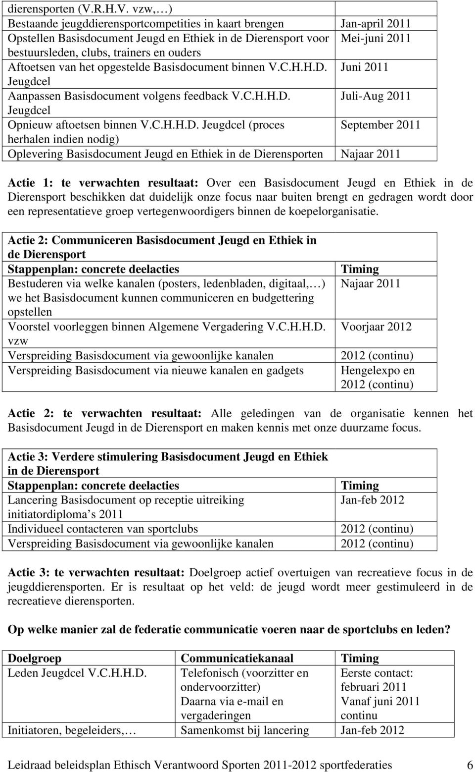 vzw, ) Bestaande jeugddierensportcompetities in kaart brengen Jan-april 2011 Opstellen Basisdocument Jeugd en Ethiek in de Dierensport voor Mei-juni 2011 bestuursleden, clubs, trainers en ouders