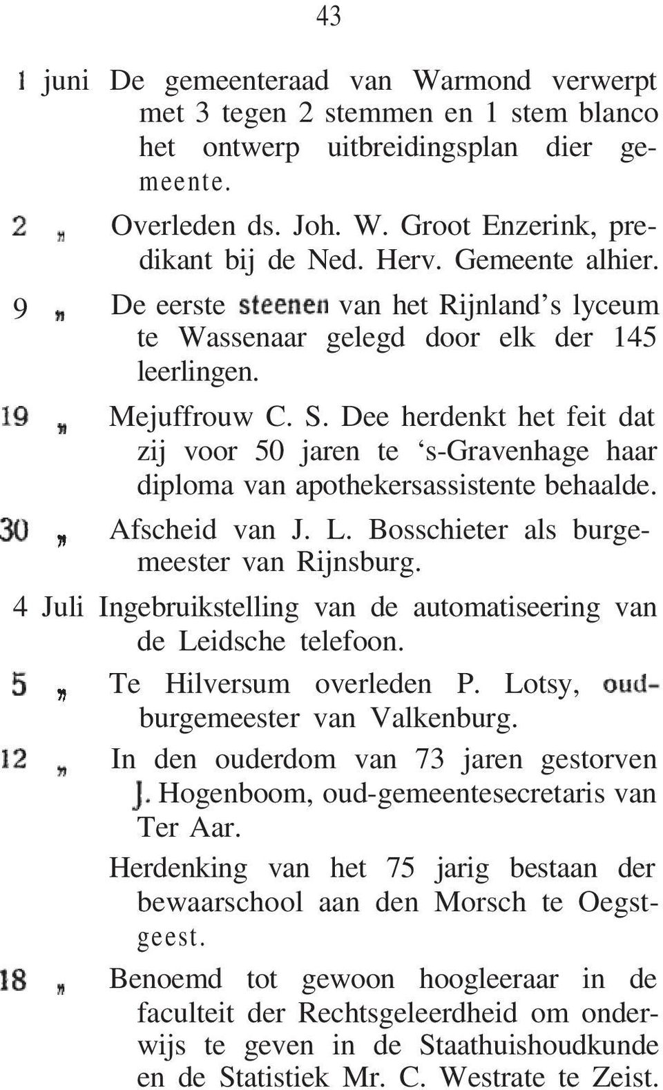 Dee herdenkt het feit dat zij voor 50 jaren te s-gravenhage haar diploma van apothekersassistente behaalde. Afscheid van J. L. Bosschieter als burgemeester van Rijnsburg.