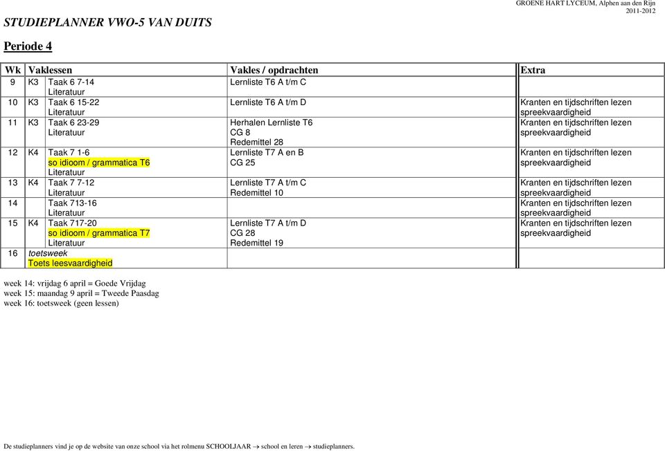 T7 16 toetsweek Toets leesvaardigheid week 14: vrijdag 6 april = Goede Vrijdag week 15: maandag 9 april = Tweede Paasdag week