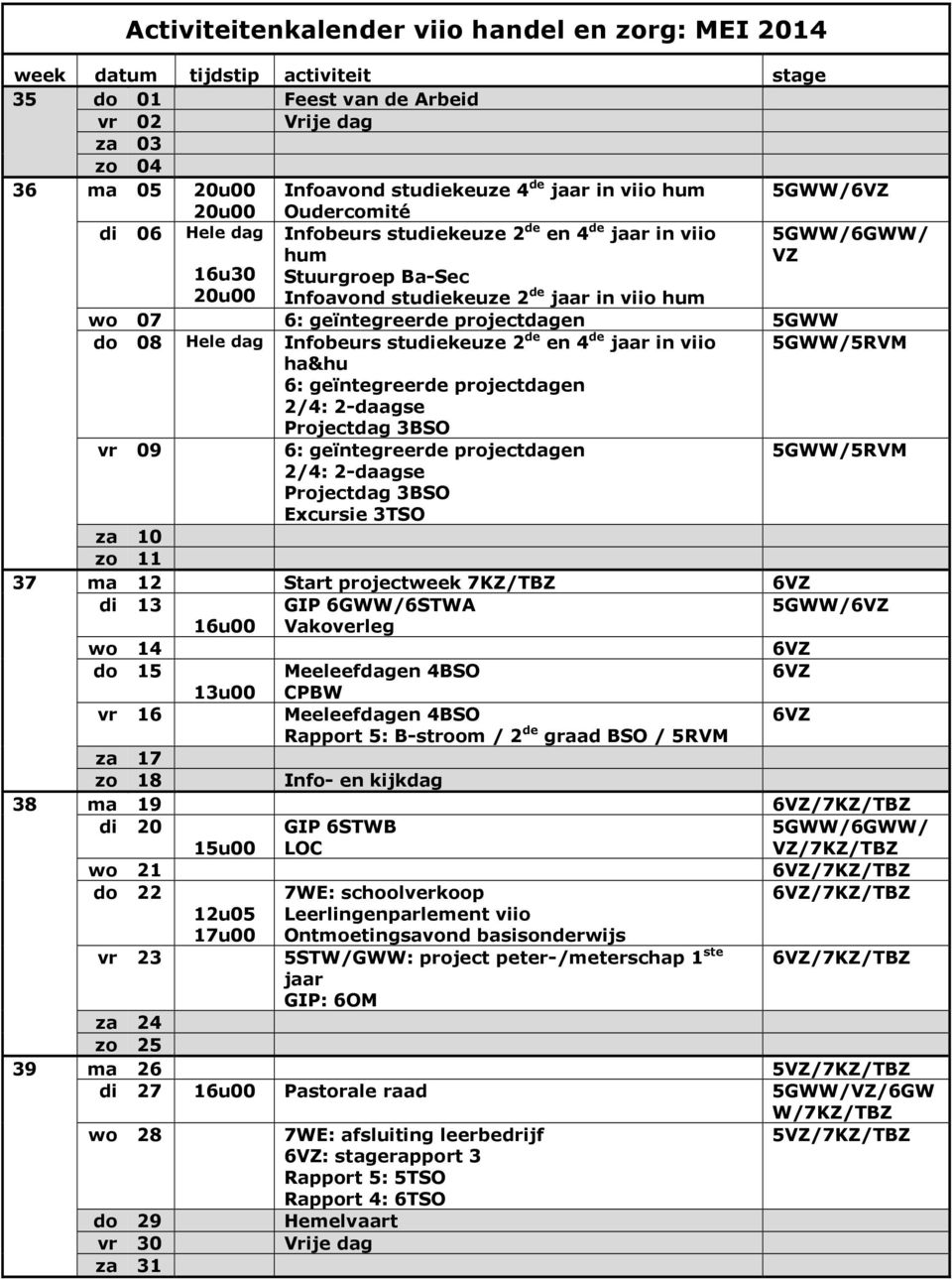 Hele dag Infobeurs studiekeuze 2 de en 4 de jaar in viio 5GWW/5RVM ha&hu 6: geïntegreerde projectdagen 2/4: 2-daagse Projectdag 3BSO vr 09 6: geïntegreerde projectdagen 5GWW/5RVM 2/4: 2-daagse