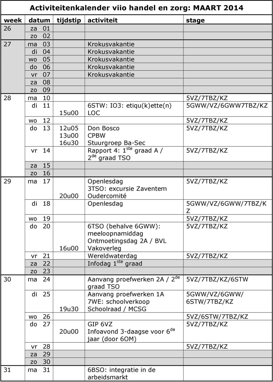 excursie Zaventem 20u00 Oudercomité di 18 Openlesdag 5GWW/VZ/6GWW/7TBZ/K Z wo 19 do 20 6TSO (behalve 6GWW): meeloopnamiddag Ontmoetingsdag 2A / BVL Vakoverleg vr 21 Wereldwaterdag za 22 Infodag 1 ste