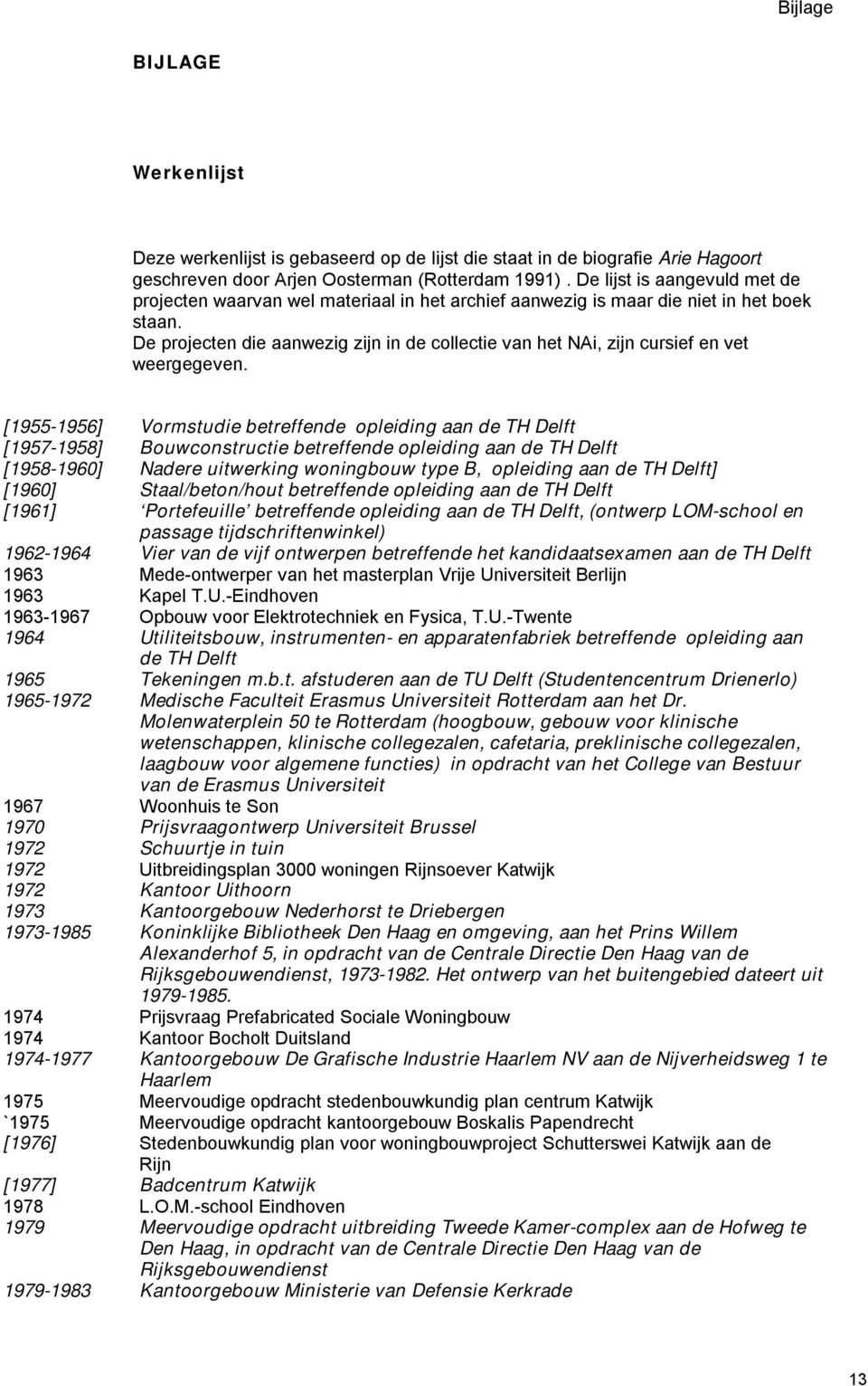 De projecten die aanwezig zijn in de collectie van het NAi, zijn cursief en vet weergegeven.