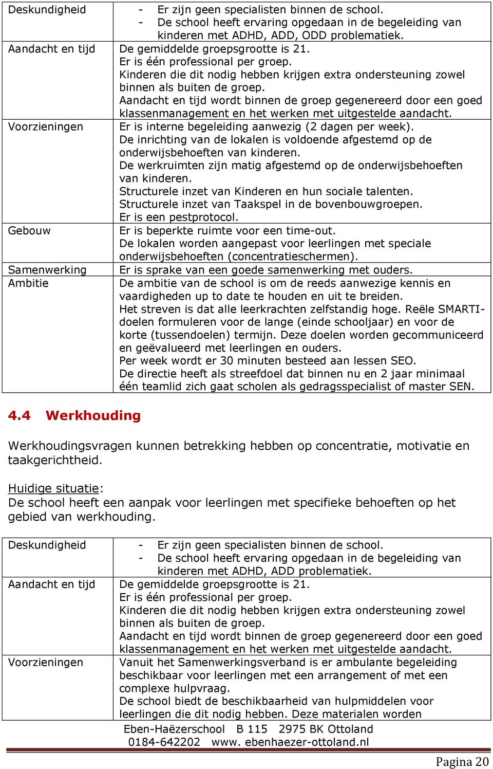 Aandacht en tijd wordt binnen de groep gegenereerd door een goed klassenmanagement en het werken met uitgestelde aandacht. Voorzieningen Er is interne begeleiding aanwezig (2 dagen per week).