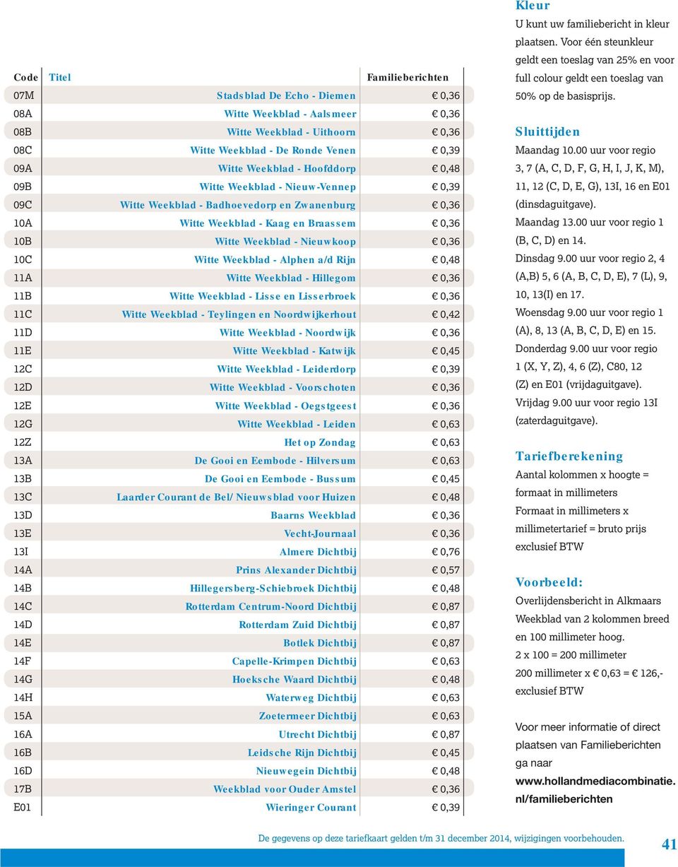 Weekblad - Alphen a/d Rijn 0,48 11A Witte Weekblad - Hillegom 0,36 11B Witte Weekblad - Lisse en Lisserbroek 0,36 11C Witte Weekblad - Teylingen en Noordwijkerhout 0,42 11D Witte Weekblad - Noordwijk