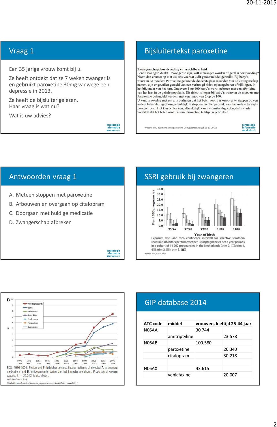 Website CBG algemene tekst paroxetine 20mg (geraadpleegd 11-11-2015) Antwoorden vraag 1 SSRI gebruik bij zwangeren A. Meteen stoppen met paroxetine B.