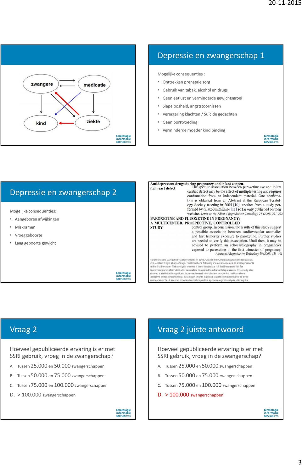geboorte gewicht Vraag 2 Hoeveel gepubliceerde ervaring is er met SSRI gebruik, vroeg in de zwangerschap? A. Tussen 25.000 en 50.000 zwangerschappen B. Tussen 50.000 en 75.000 zwangerschappen C.