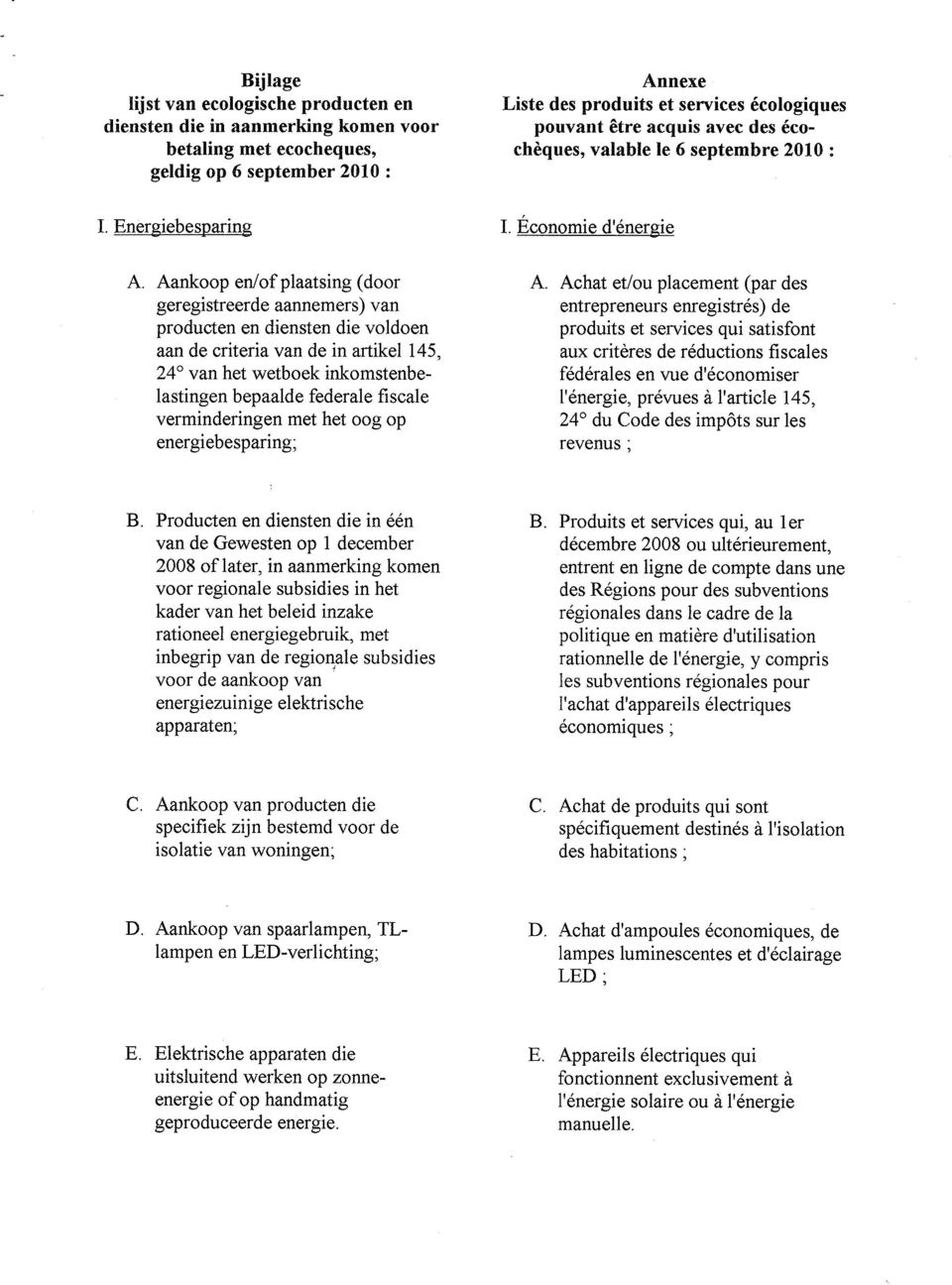 Aankoop en/of plaatsing (door geregistreerde aannemers) van producten en diensten die voldoen aan de criteria van de in artikel 145, 24 van het wetboek inkomstenbelastingen bepaalde federale fiscale