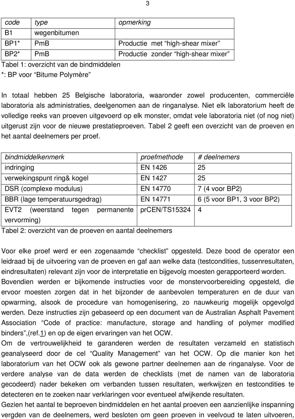 Niet elk laboratorium heeft de volledige reeks van proeven uitgevoerd op elk monster, omdat vele laboratoria niet (of nog niet) uitgerust zijn voor de nieuwe prestatieproeven.