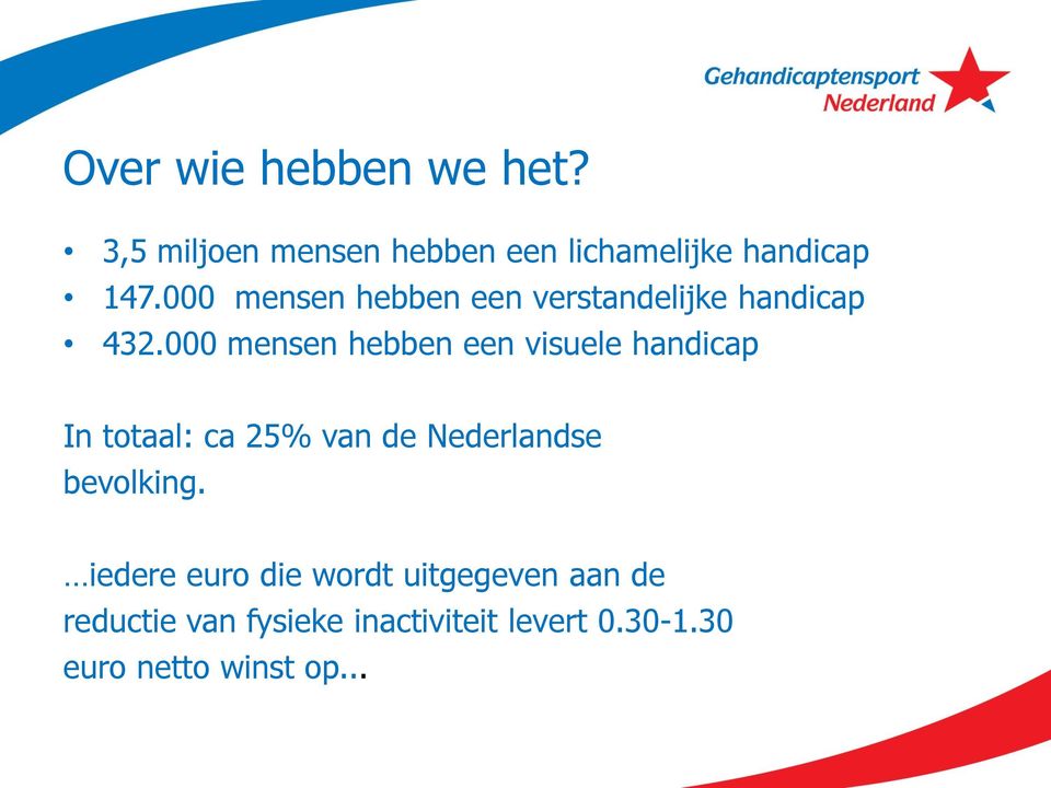 000 mensen hebben een visuele handicap In totaal: ca 25% van de Nederlandse