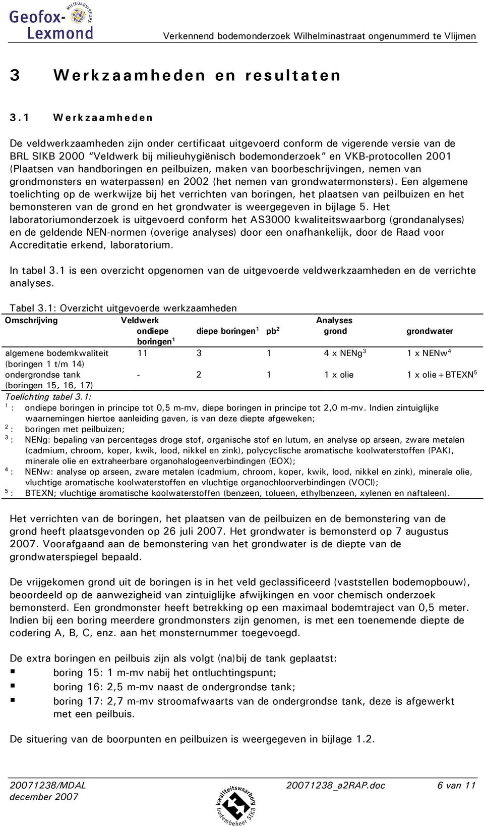 (Plaatsen van handboringen en peilbuizen, maken van boorbeschrijvingen, nemen van grondmonsters en waterpassen) en 2002 (het nemen van grondwatermonsters).