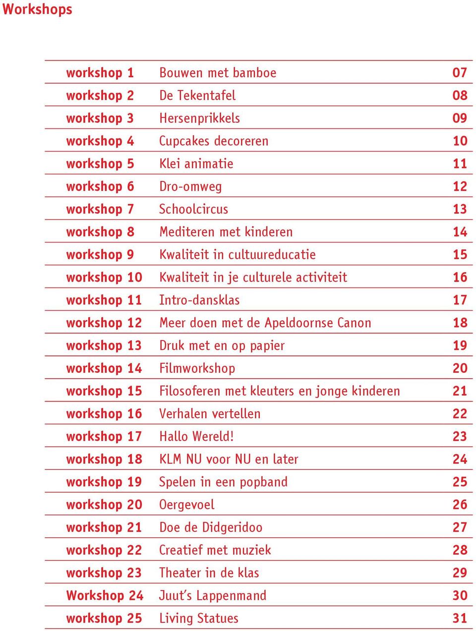 met de Apeldoornse Canon 18 workshop 13 Druk met en op papier 19 workshop 14 Filmworkshop 20 workshop 15 Filosoferen met kleuters en jonge kinderen 21 workshop 16 Verhalen vertellen 22 workshop 17