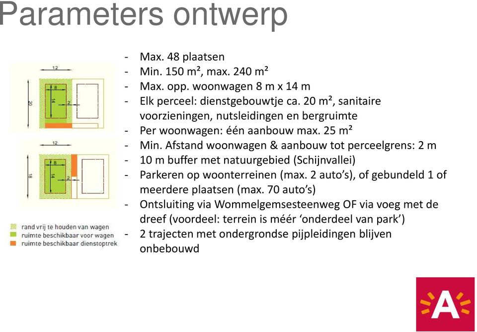 Afstand woonwagen & aanbouw tot perceelgrens: 2 m - 10 m buffer met natuurgebied (Schijnvallei) - Parkeren op woonterreinen (max.