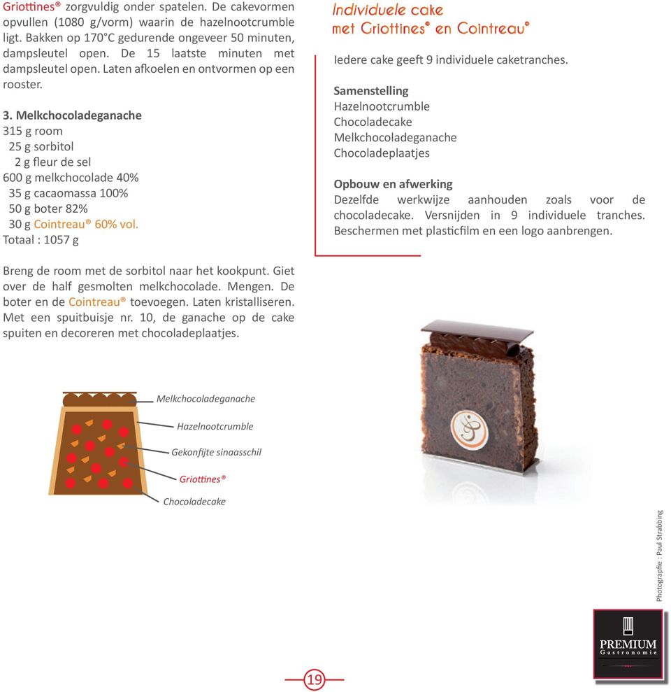 Melkchocoladeganache 315 g room 25 g sorbitol 2 g fleur de sel 600 g melkchocolade 40% 35 g cacaomassa 100% 50 g boter 82% 30 g Cointreau 60% vol.