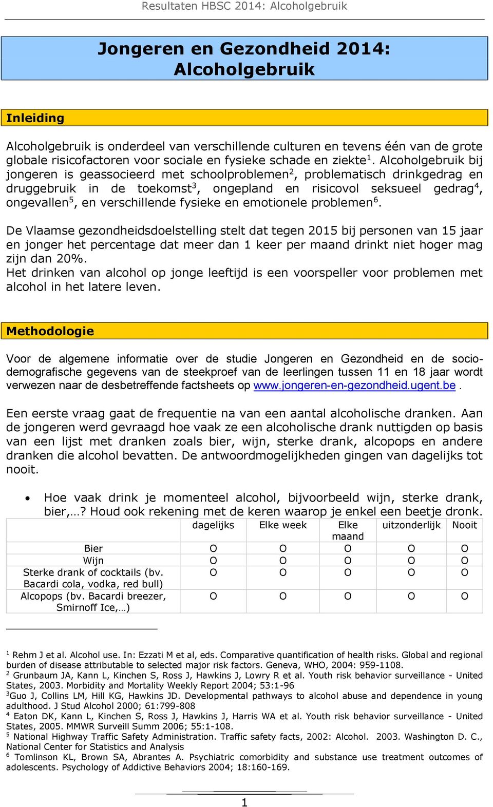 Alcoholgebruik bij jongeren is geassocieerd met schoolproblemen 2, problematisch drinkgedrag en druggebruik in de toekomst 3, ongepland en risicovol seksueel gedrag 4, ongevallen, en verschillende