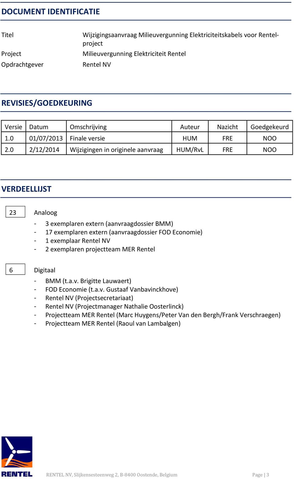 0 2/12/2014 Wijzigingen in originele aanvraag HUM/RvL FRE NOO VERDEELLIJST 23 Analoog - 3 exemplaren extern (aanvraagdossier BMM) - 17 exemplaren extern (aanvraagdossier FOD Economie) - 1 exemplaar