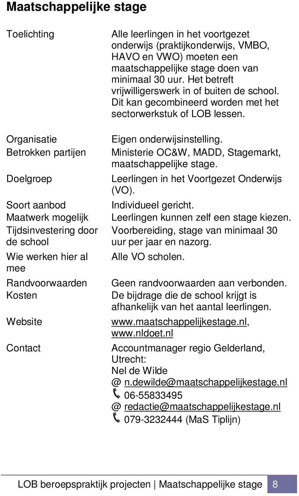 Ministerie OC&W, MADD, Stagemarkt, maatschappelijke stage. Leerlingen in het Voortgezet Onderwijs (VO). Individueel gericht. Leerlingen kunnen zelf een stage kiezen.