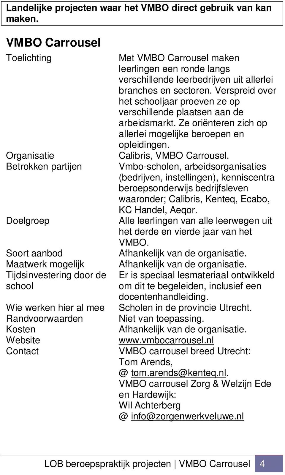 Verspreid over het schooljaar proeven ze op verschillende plaatsen aan de arbeidsmarkt. Ze oriënteren zich op allerlei mogelijke beroepen en opleidingen. Calibris, VMBO Carrousel.