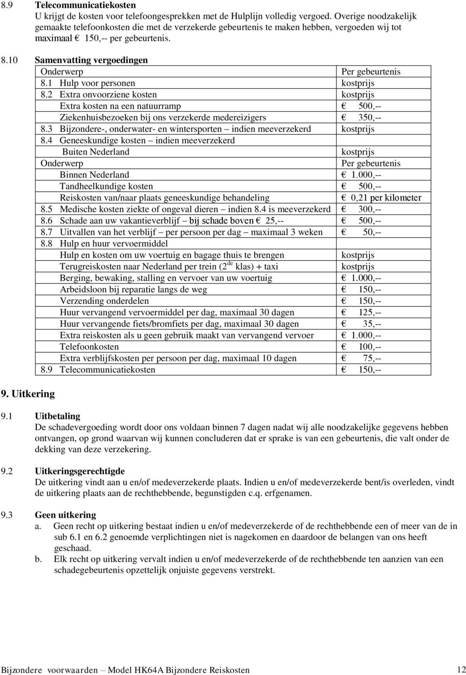 10 Samenvatting vergoedingen Onderwerp Per gebeurtenis 8.1 Hulp voor personen kostprijs 8.