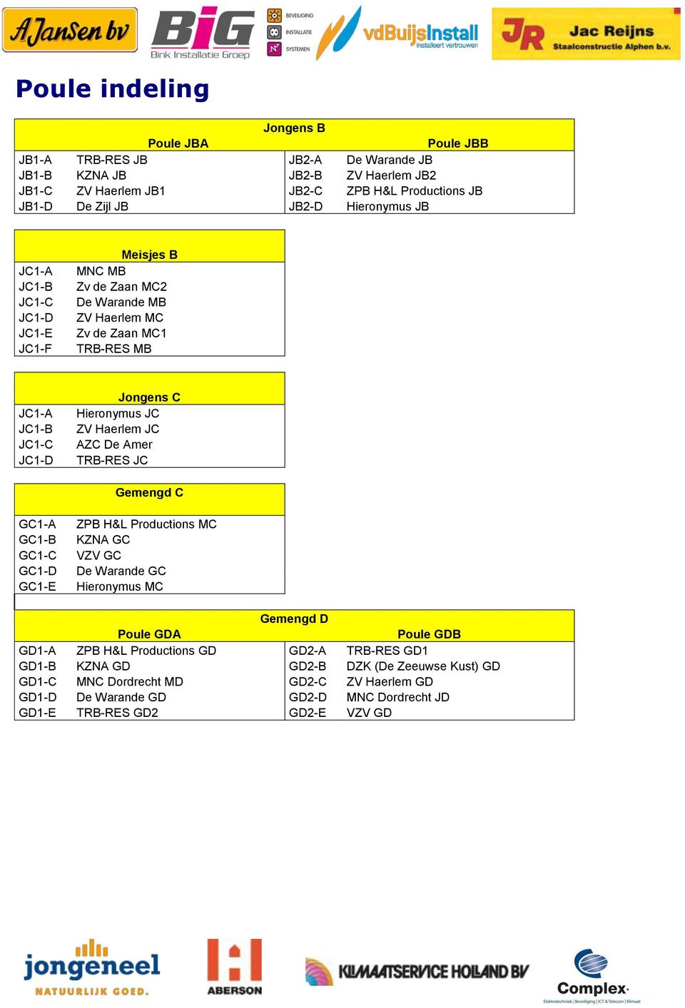 JC ZV Haerlem JC AZC De Amer TRB-RES JC Gemengd C GC1-A GC1-B GC1-C GC1-D GC1-E ZPB H&L Productions MC KZNA GC VZV GC De Warande GC Hieronymus MC Gemengd D Poule GDA Poule GDB GD1-A ZPB