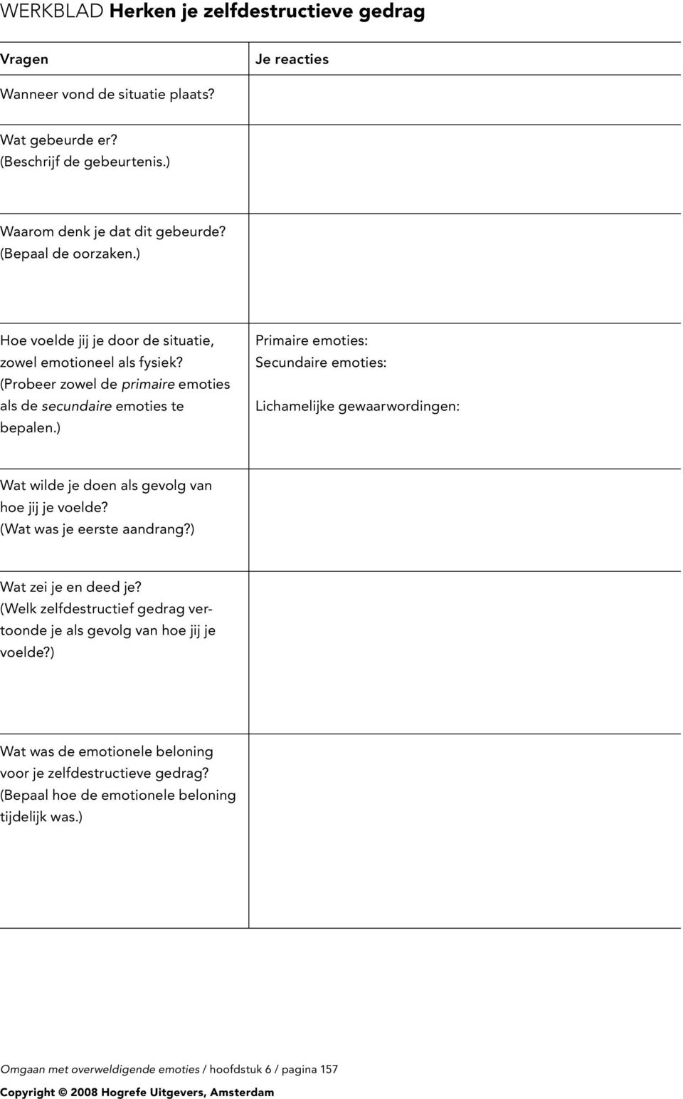 ) Primaire emoties: Secundaire emoties: Lichamelijke gewaarwordingen: Wat wilde je doen als gevolg van hoe jij je voelde? (Wat was je eerste aandrang?) Wat zei je en deed je?