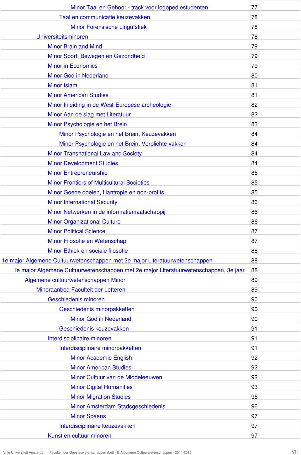 Psychologie en het Brein 83 Minor Psychologie en het Brein, Keuzevakken 84 Minor Psychologie en het Brein, Verplichte vakken 84 Minor Transnational Law and Society 84 Minor Development Studies 84