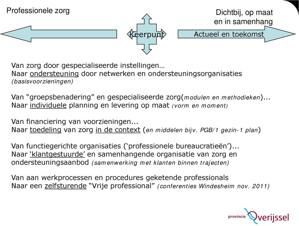 .. Naar toedeling van zorg in de context (en middelen bijv. PGB/1 gezin-1 plan) Van functiegerichte i organisaties ( professionele bureaucratieën ).