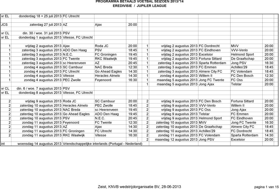 PSV 18:45 1 vrijdag 2 augustus 2013 FC 