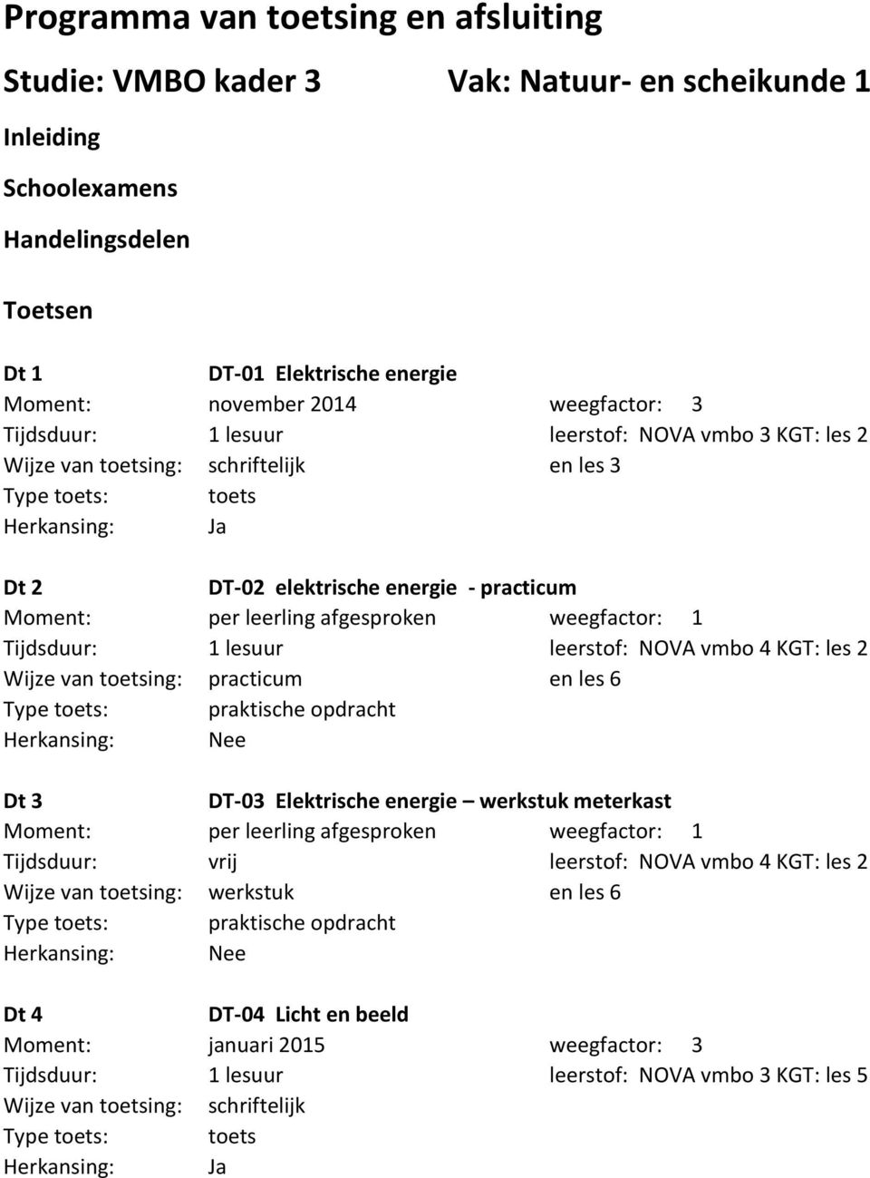 leerstof: NOVA vmbo 4 KGT: les 2 practicum en les 6 Type toets: praktische opdracht Dt 3 DT-03 Elektrische energie werkstuk meterkast Moment: per leerling afgesproken weegfactor: 1 Tijdsduur: