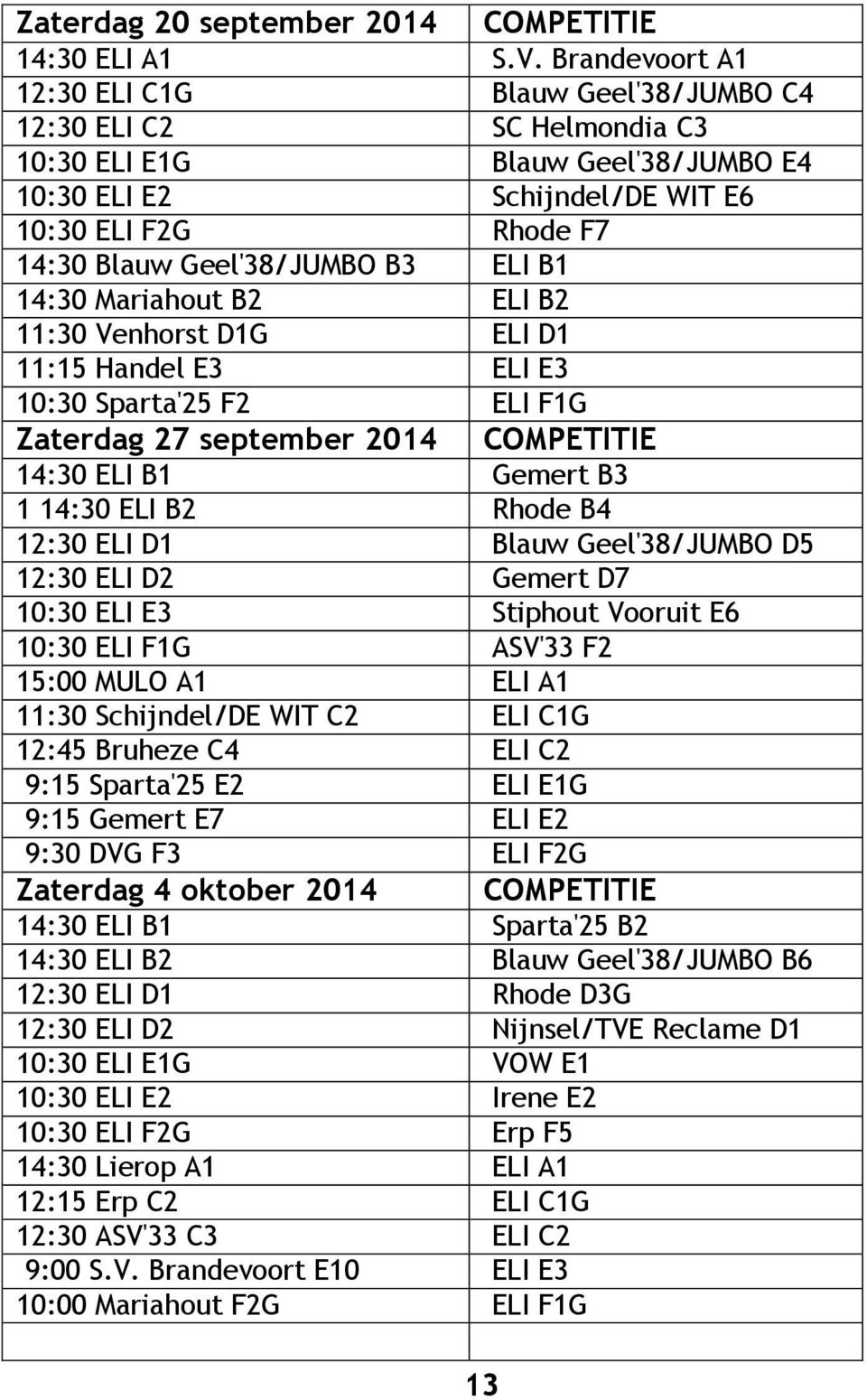 B3 ELI B1 14:30 Mariahout B2 ELI B2 11:30 Venhorst D1G ELI D1 11:15 Handel E3 ELI E3 10:30 Sparta'25 F2 ELI F1G Zaterdag 27 september 2014 COMPETITIE 14:30 ELI B1 Gemert B3 1 14:30 ELI B2 Rhode B4