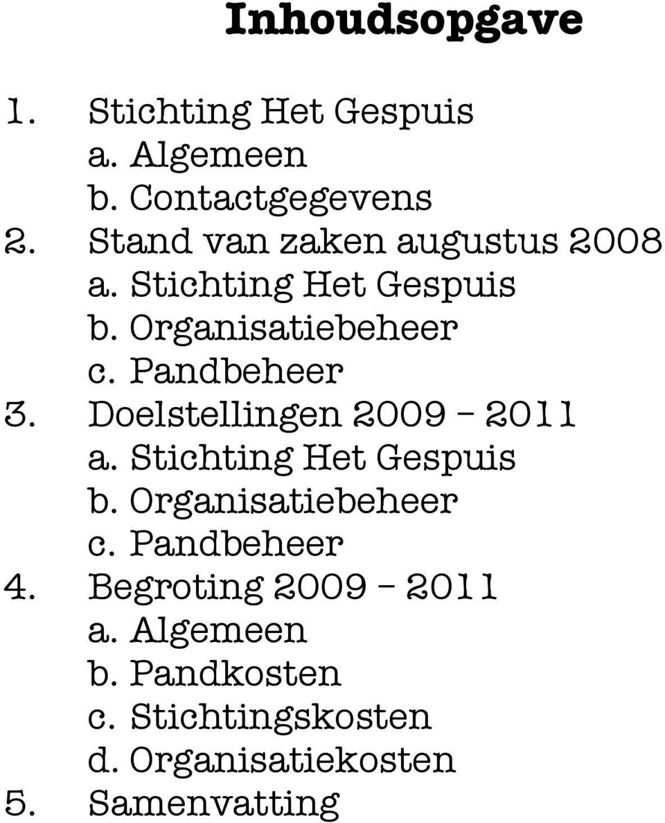 Pandbeheer 3. Doelstellingen 2009 2011 a. Stichting Het Gespuis b. Organisatiebeheer c.