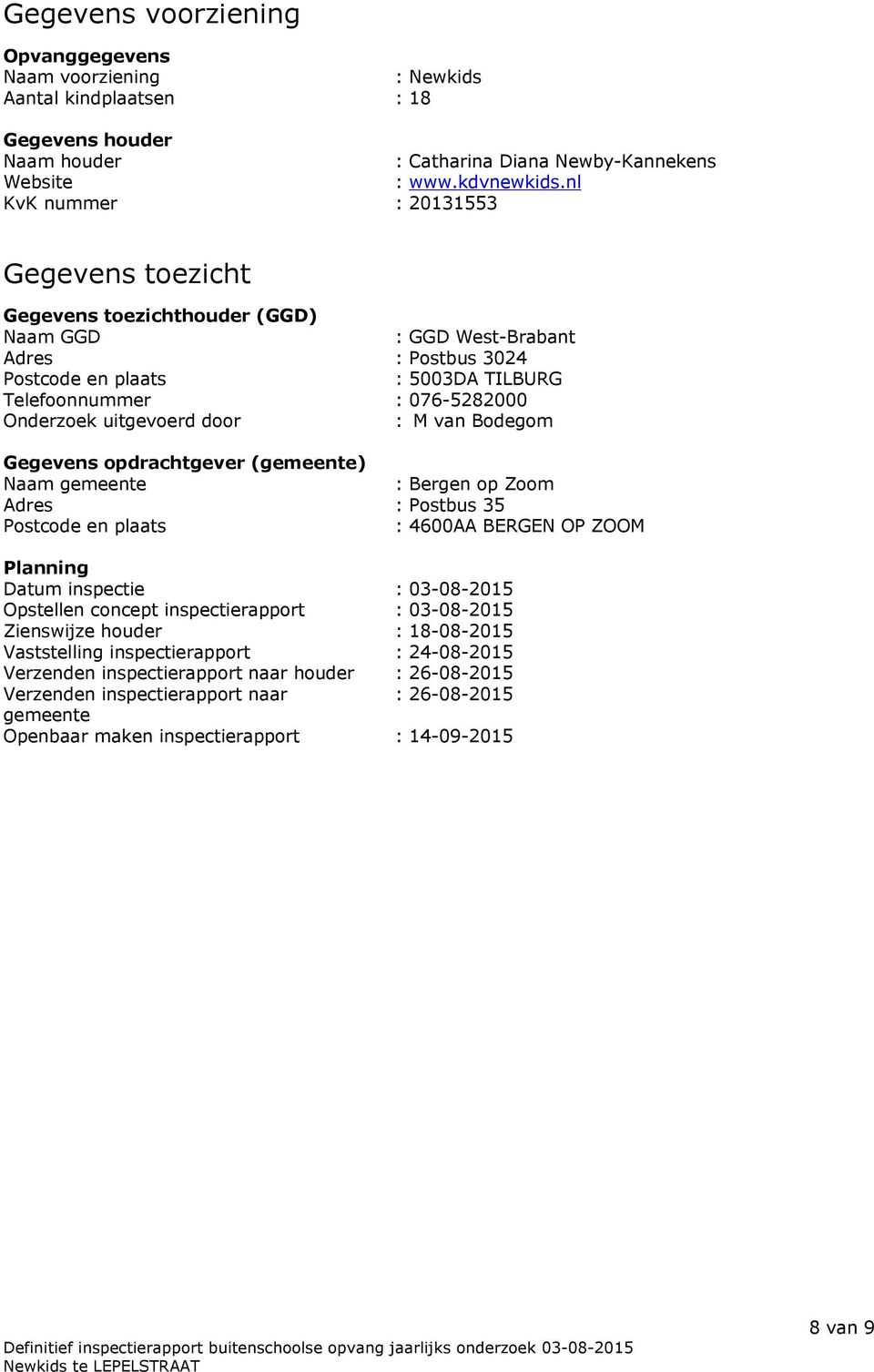 uitgevoerd door : M van Bodegom Gegevens opdrachtgever (gemeente) Naam gemeente : Bergen op Zoom Adres : Postbus 35 Postcode en plaats : 4600AA BERGEN OP ZOOM Planning Datum inspectie : 03-08-2015