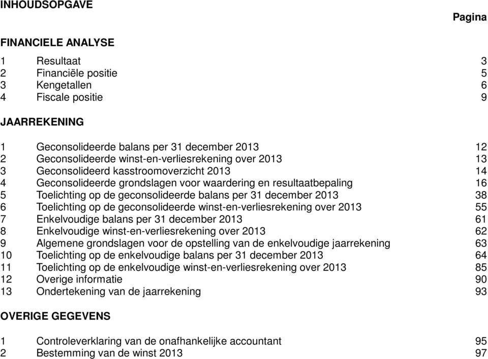 31 december 2013 38 6 Toelichting op de geconsolideerde winst-en-verliesrekening over 2013 55 7 Enkelvoudige balans per 31 december 2013 61 8 Enkelvoudige winst-en-verliesrekening over 2013 62 9