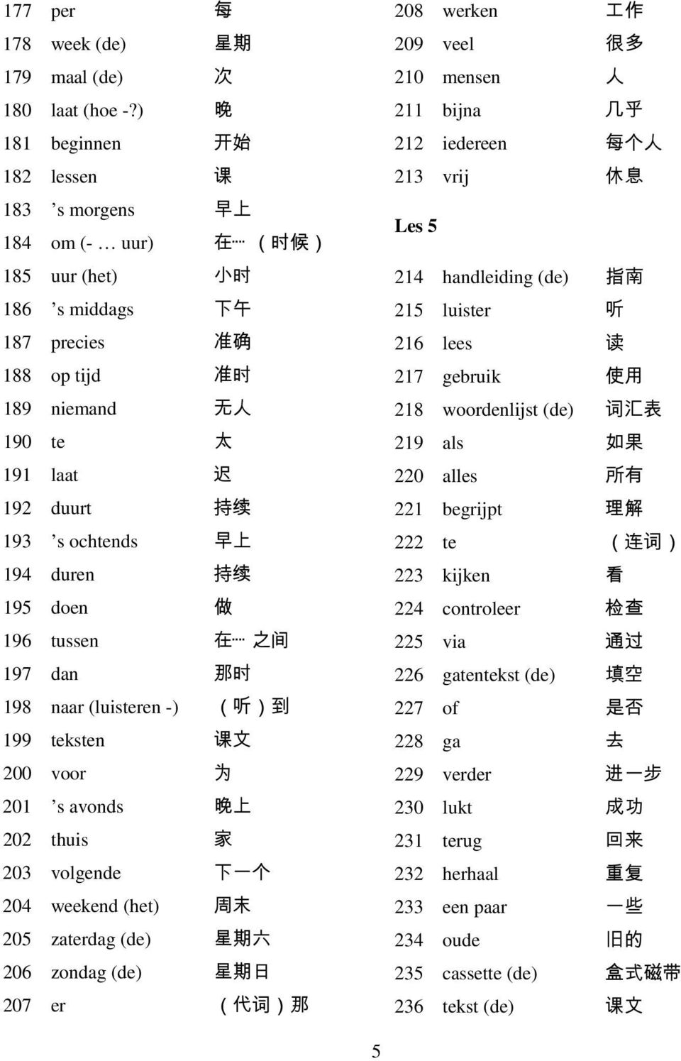 s ochtends 早 上 194 duren 持 续 195 doen 做 196 tussen 在 之 间 197 dan 那 时 198 naar (luisteren -) ( 听 ) 到 199 teksten 课 文 200 voor 为 201 s avonds 晚 上 202 thuis 家 203 volgende 下 一 个 204 weekend (het) 周 末