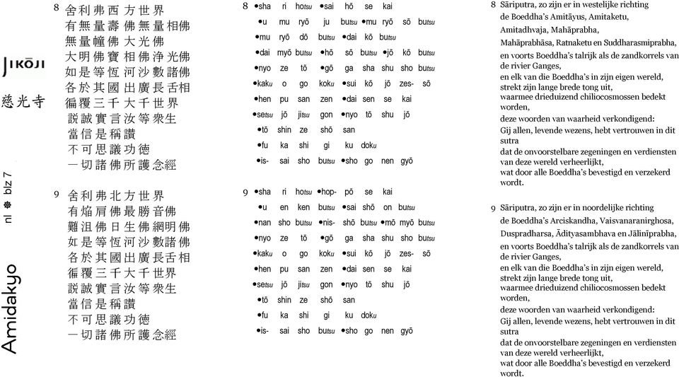 butsu nis- shō butsu mō myō butsu 8 Sāriputra, zo zijn er in westelijke richting de Boeddha s Amitāyus, Amitaketu, Amitadhvaja, Mahāprabha, Mahāprabhāsa,