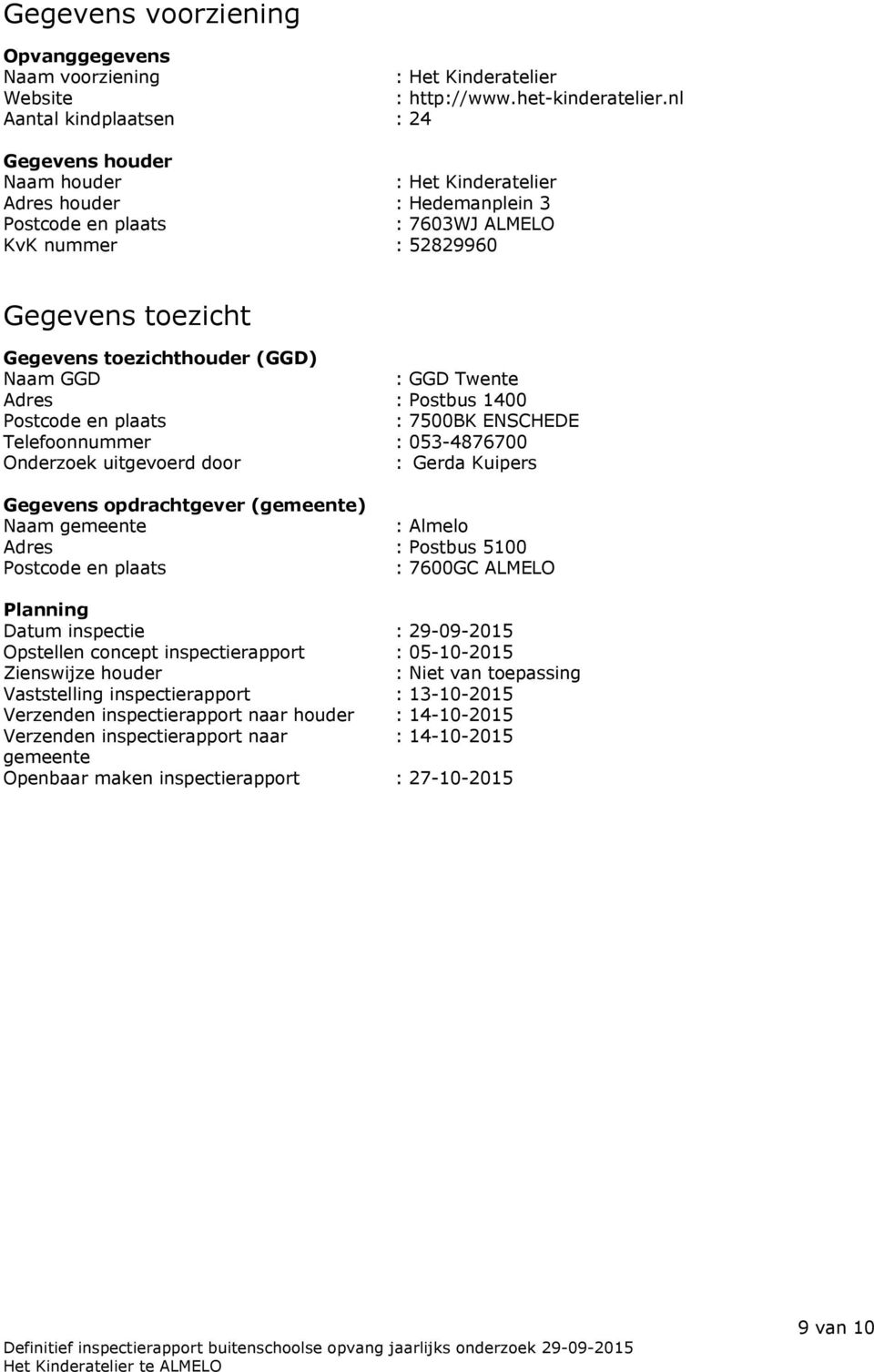 toezichthouder (GGD) Naam GGD : GGD Twente Adres : Postbus 1400 Postcode en plaats : 7500BK ENSCHEDE Telefoonnummer : 053-4876700 Onderzoek uitgevoerd door : Gerda Kuipers Gegevens opdrachtgever